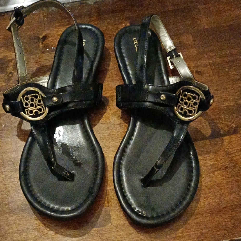 Liz Claiborne Black and Gold Sandals with Elegant Metallic Accent